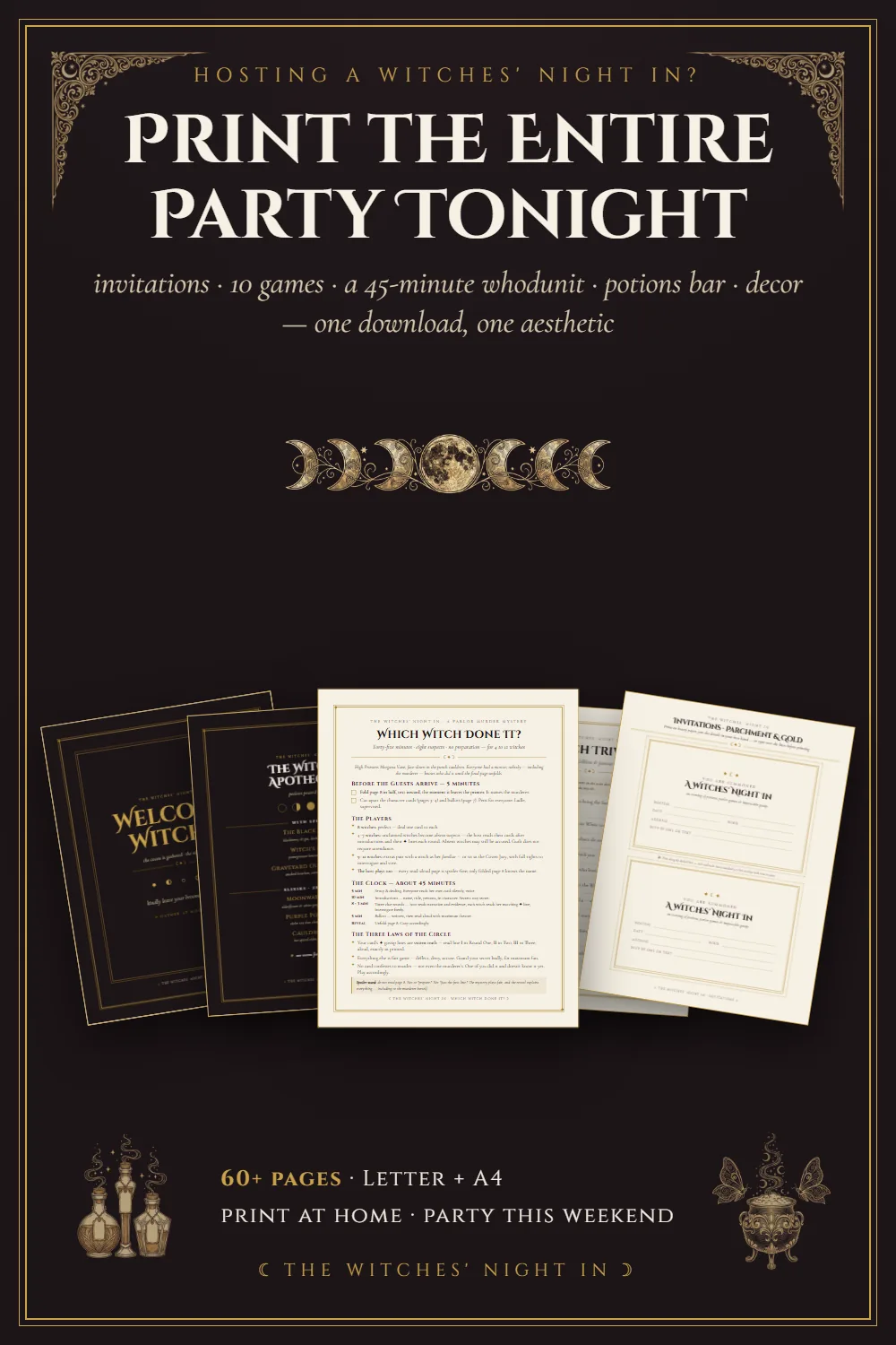 Fanned preview of the Witches' Night In printable party kit pages