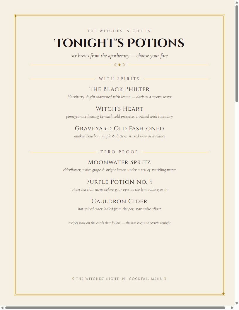 Potions bar menu and cocktail recipe cards
